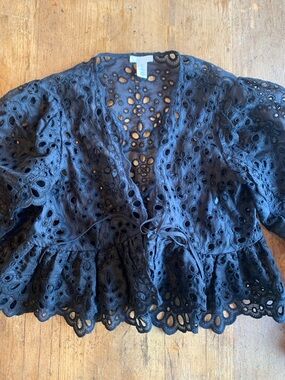 H&M Black Eyelet Lace Tie-Front Peplum Blouse